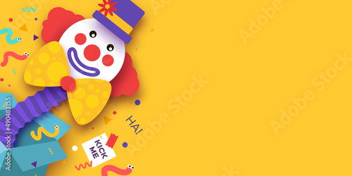 April Fools Day with Clown Character in paper cut style. April 1 party. Present joke box. Fools' Day Poster. Funny spring holiday.