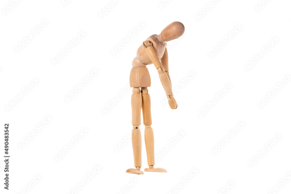 a wooden man stands sad with his head down isolated on a white background a wooden man stands sad with his head down isolated on a white background