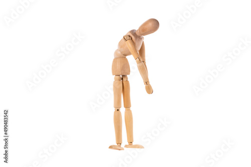 a wooden man stands sad with his head down isolated on a white background