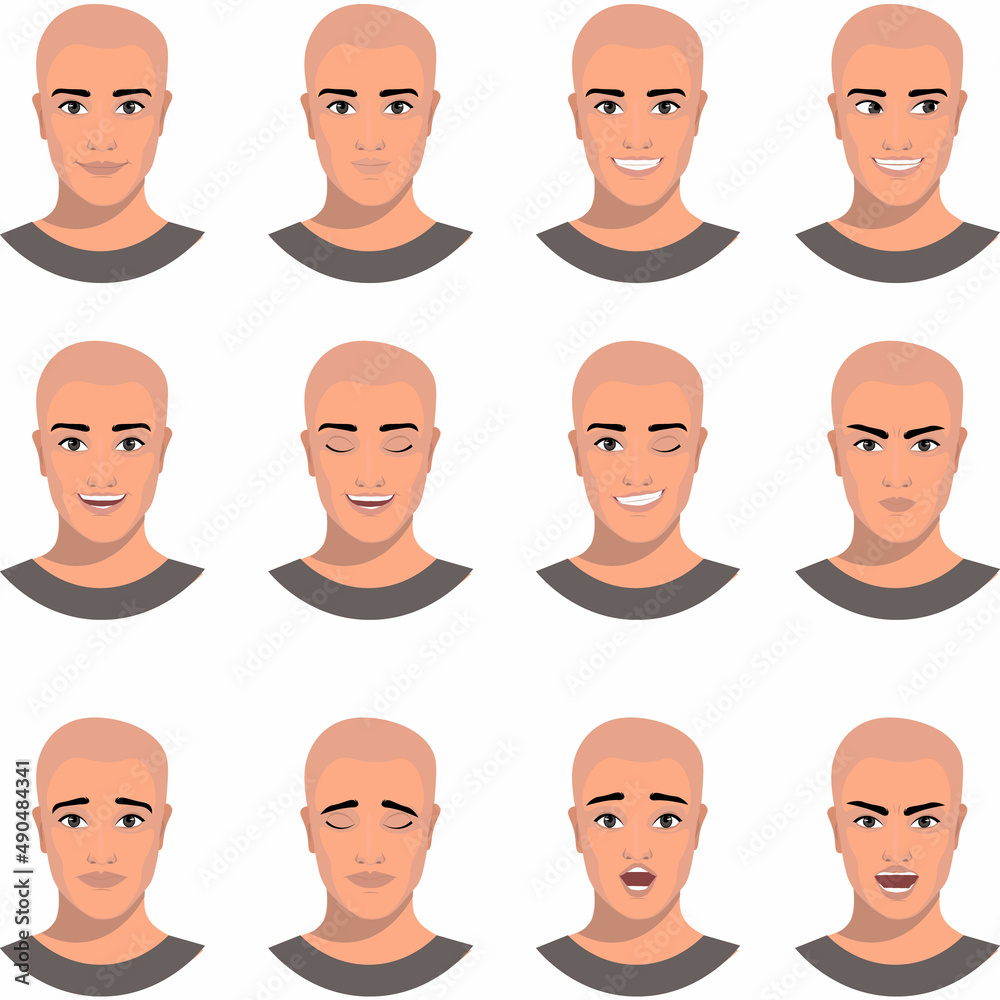 A set of different facial expressions of a bald man. Isolated vector illustration A set of different facial expressions of a bald man. Isolated vector illustration