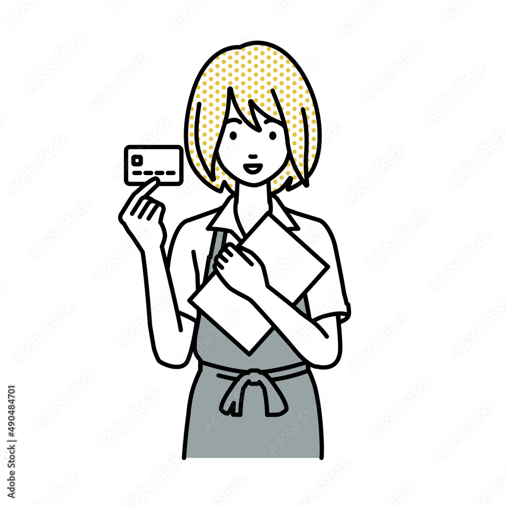 立って書類とカードを手に持つカフェ店員の女性 立って書類とカードを手に持つカフェ店員の女性