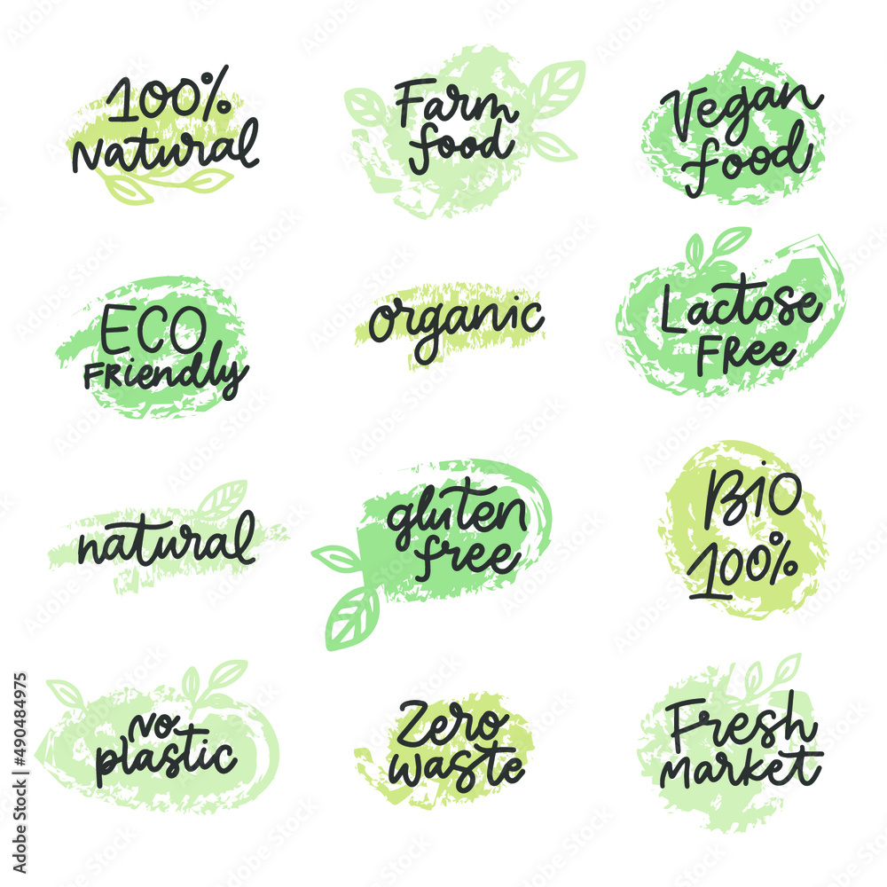 Vegan menu sign for cafe menu. Handmade lettering sticker design with green leaf. Vegan menu sign for cafe menu. Handmade lettering sticker design with green leaf.