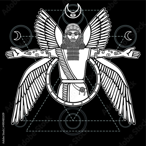 Ancient Assyrian winged deity. Character of Sumerian mythology.  Sacred geometry. Monochrome drawing, vector illustration. Print, posters, t-shirt, textiles. Occultism, alchemy, magic concept.