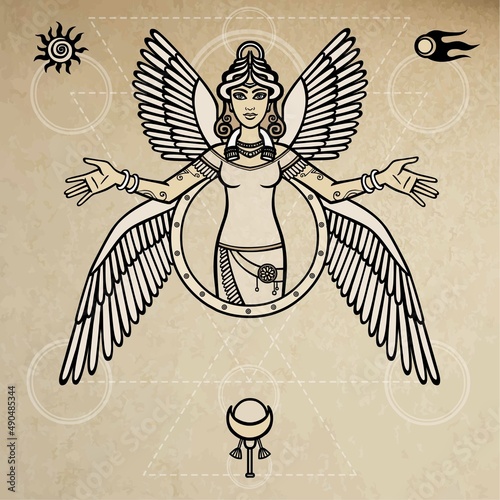 Stylized goddess Ishtar. Character of Sumerian mythology. Space symbols. Background - imitation of old paper. Vector illustration. photo