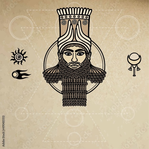 Portrait of the Assyrian man. Character of Sumer mythology. Space symbols. A background - imitation of old paper.