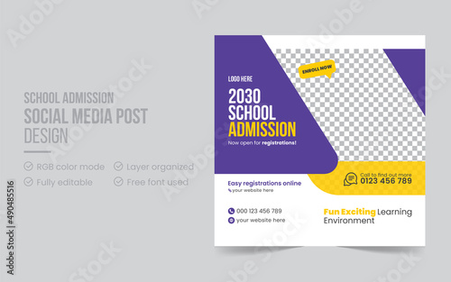 Professional rectangle school admission flyer design layout. School admission social media post banner design. Junior and senior high school, college promotional web banner design template.