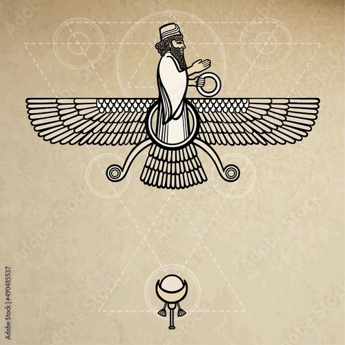 Vector illustration: winged person prophet. Background - imitation of old paper.