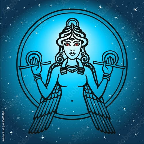 stylized goddess Ishtar. Black silhouette on a blue background, the stellar sky.