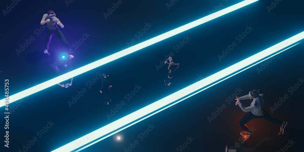 Naklejka premium Avatars in the Metaverse world playing games and racing through VR cameras in The sandbox 3D illustrations