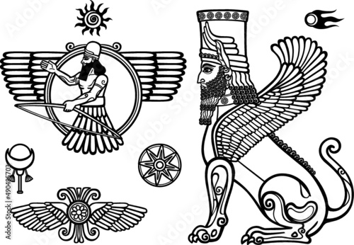 Set of figures of the Assyrian mythology: sphinx, winged god, Solarises.