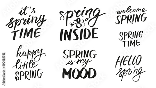 Collection of hand written welcome spring quotes isolated. For apparel, tshirt prints, cards, sublimation design etc.