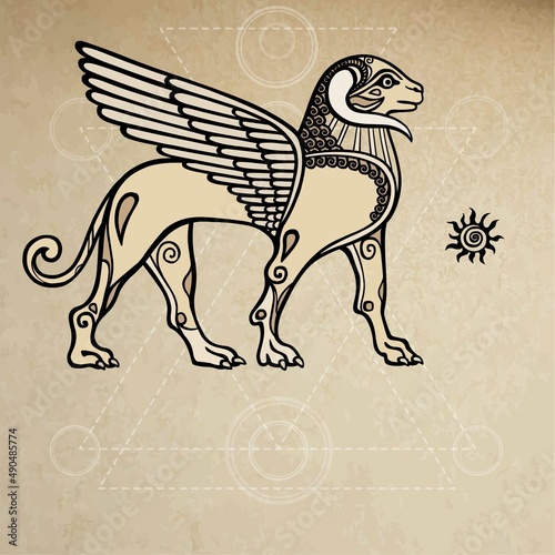 Assyrian chimera winged ram. Background - imitation of old paper.