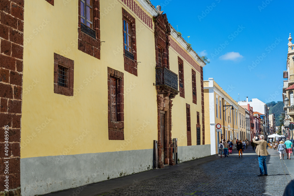 Street with historic buildings in La Laguna city  in Tenerife. Canary Islands.