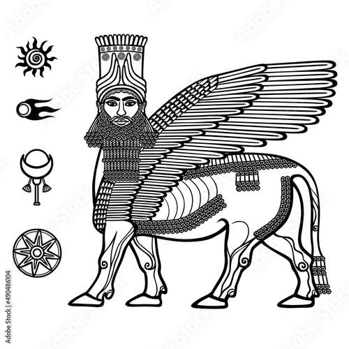 Image of the Assyrian mythical deity Shedu: a winged bull with the head of the person. Character of Sumer mythology. Set of space solar symbols. Black-and-white vector illustration. 
