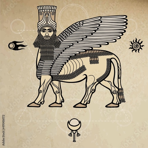 Image of the Assyrian mythical deity Shedu: a winged bull with the head of the person. Character of Sumer mythology. Space symbols. A background - imitation of old paper.
