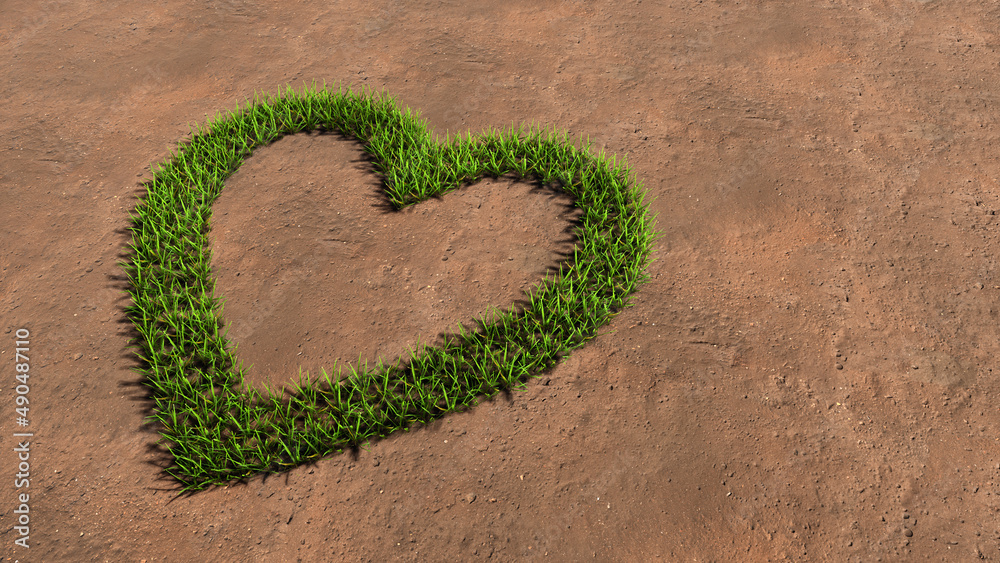 Concept or conceptual green summer lawn grass symbol shape on brown soil or earth background, like icon. 3d illustration metaphor for love, popular, trendy, health, romance and marriage Concept or conceptual green summer lawn grass symbol shape on brown soil or earth background, like icon. 3d illustration metaphor for love, popular, trendy, health, romance and marriage