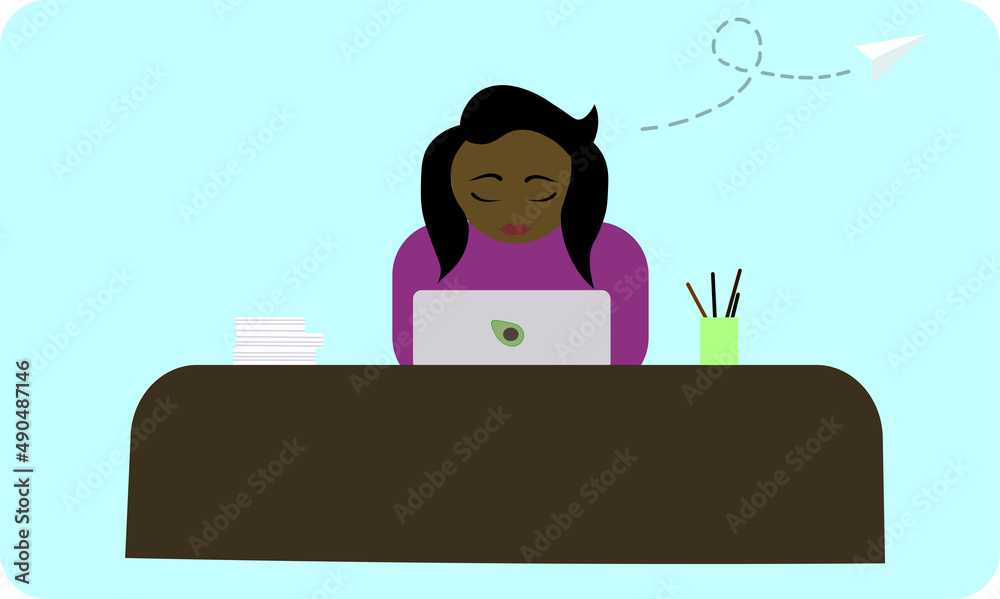 A woman with dark hair works at a laptop in the office,a woman conducts correspondence,does business,works in the office,sends a letter,business correspondence,project execution.