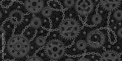 Seamless pattern with black machine gears, chain, rivets on textured background. Low contrast background. Steampunk style