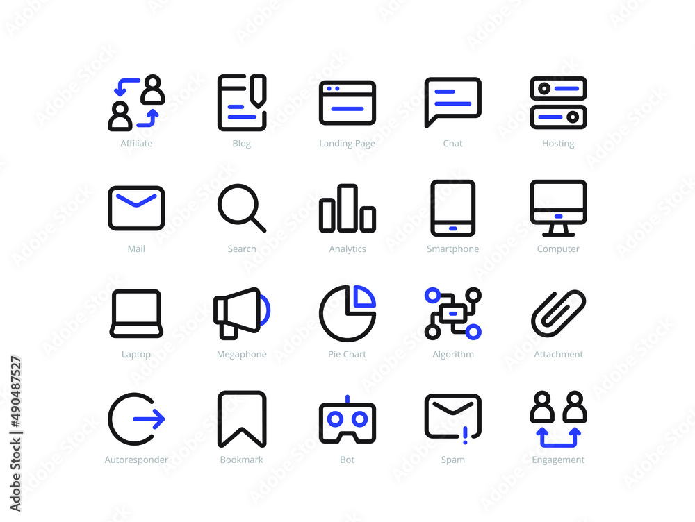 Set of 20 vector illustration internet marketing design graphic outline icons or symbols. Include affiliate, algorithm, bookmark, computer, smartphone, analytics, landing page, etc. Set of 20 vector illustration internet marketing design graphic outline icons or symbols. Include affiliate, algorithm, bookmark, computer, smartphone, analytics, landing page, etc.