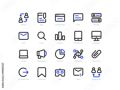 Set of 20 vector illustration internet marketing design graphic outline icons or symbols. Include affiliate, algorithm, bookmark, computer, smartphone, analytics, landing page, etc.