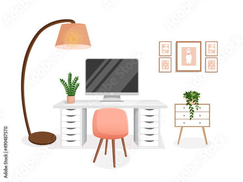 Cozy workplace with houseplants. Modern interior for home office with computer, cabinet, remote work, freelance, education. Vector illustration in flat cartoon style. Comfortable workspace and room.
