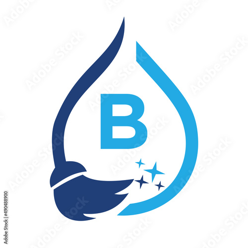 Maid Cleaning Logo On Letter B. Clean House Sign, Fresh Clean Logo Cleaning Brush and Water Drop Concept Template