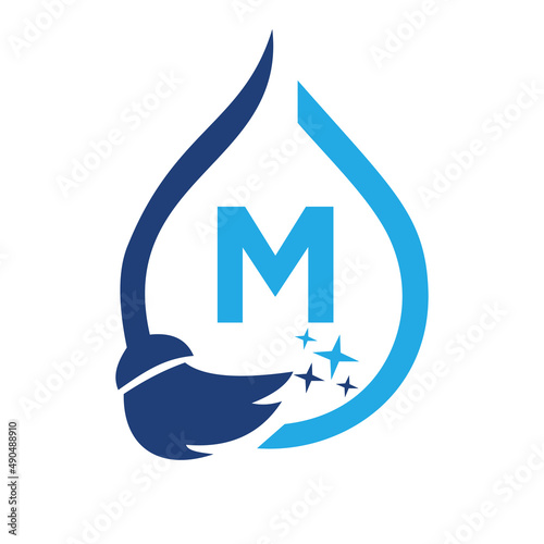 Maid Cleaning Logo On Letter M. Clean House Sign, Fresh Clean Logo Cleaning Brush and Water Drop Concept Template