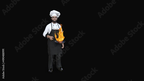 a cook with a frying pan with fire , animation, transparent background