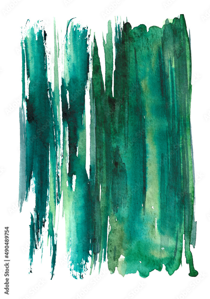 Watercolor green strip with paper texture, watercolor hand drawing multilayer.