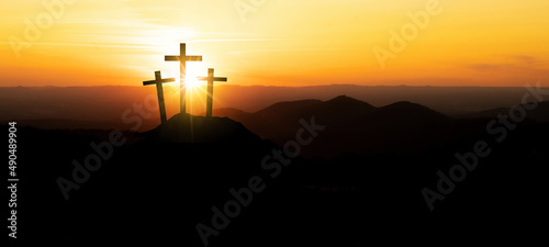 Stampa su tela Easter background banner panorama religious greeting card Crucifixion and Resurrection