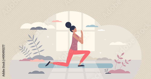 Leg workout activity for athletic and fit female body tiny person concept. Good shape and strength exercise for woman vector illustration. Yoga wellness with cardio and aerobic muscular stretching.