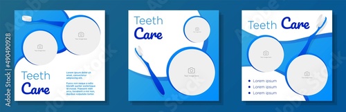 Teeth health social media post, banner set, dentist tooth care advertisement concept, blue tooth brush marketing square ad, abstract print, isolated on background