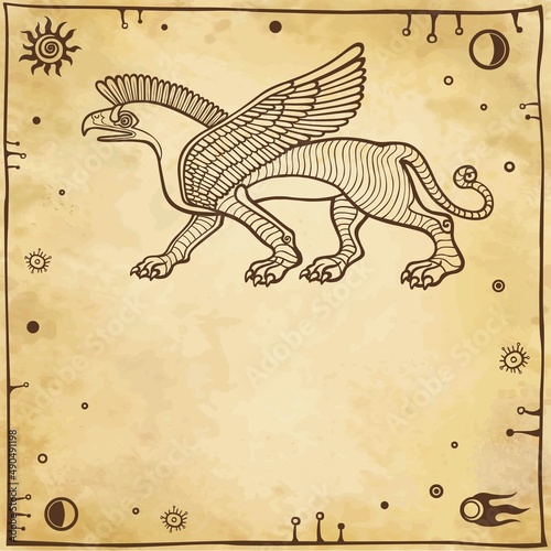 Fantastic winged griffon. A place for the text. Imitation of old paper.