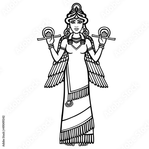 Vector illustration: the stylized goddess Ishtar. Character of Sumerian mythology. Full growth. The black silhouette isolated on a white background. photo