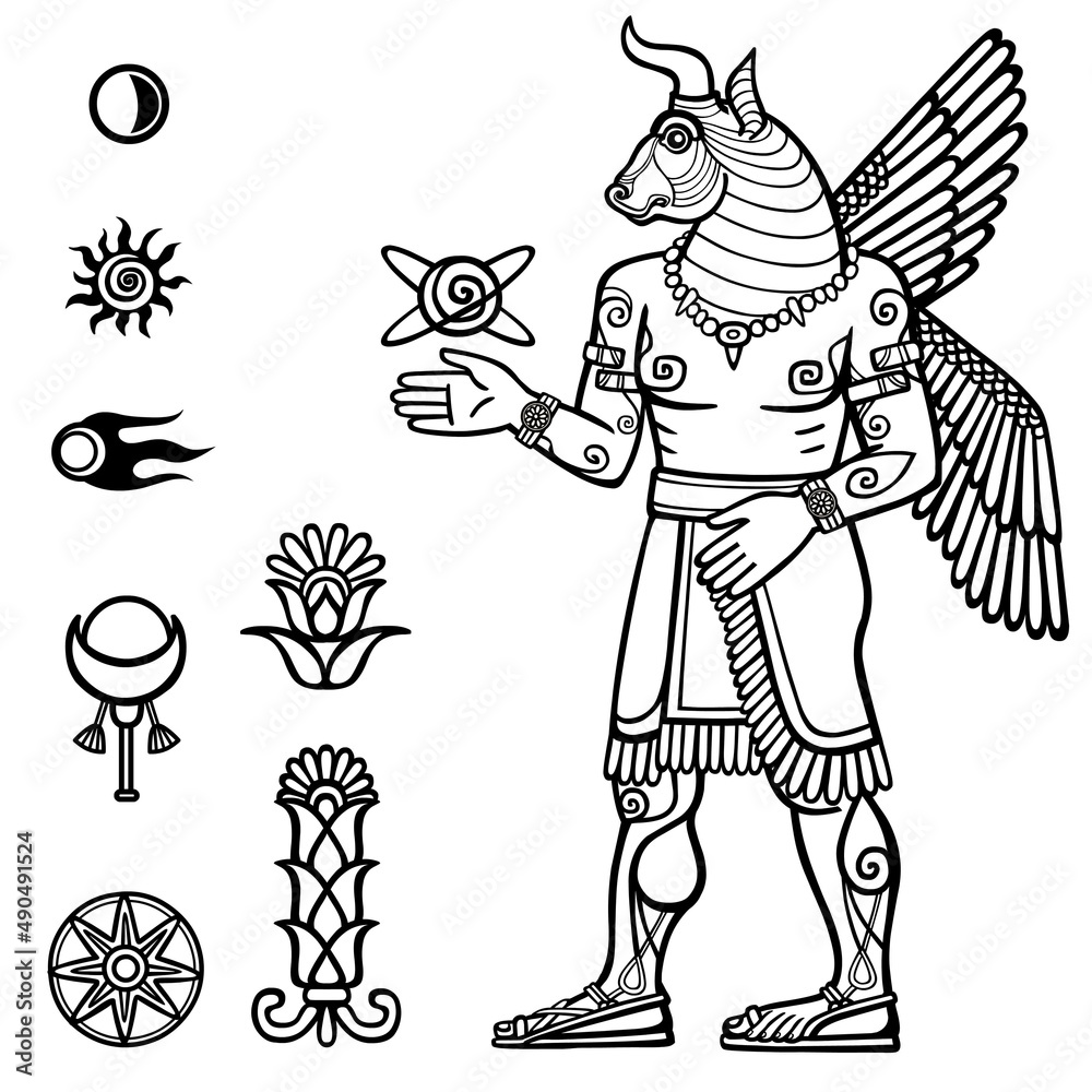 Vector illustration: a silhouette of the Assyrian deity with a body of the person and the head of a bull. Character of Sumerian mythology. Set of space solar symbols. Vector illustration: a silhouette of the Assyrian deity with a body of the person and the head of a bull. Character of Sumerian mythology. Set of space solar symbols.