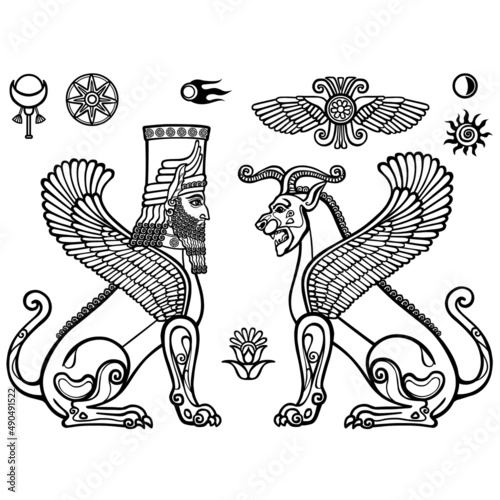 Graphic set: figures of the Assyrian mythology - a lion  and a sphinx of people. Space symbols. Monochrome drawing isolated on a white background. Vector illustration. Be used for coloring book. 