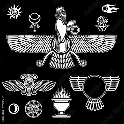 Image of the prophet Farvahar. Set of esoteric symbols. The white silhouette isolated on a black background. Vector illustration. photo