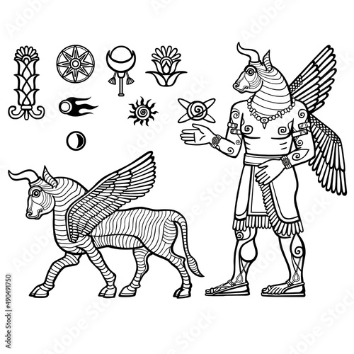 Linear drawing: a mythical animal a winged bull in an image of an animal and in an image of the person (centaur). Set of space symbols. Vector monochrome illustration. Be used for coloring book.