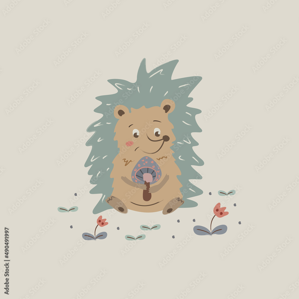 Fototapeta premium hedgehog with mushroom sits near flowers