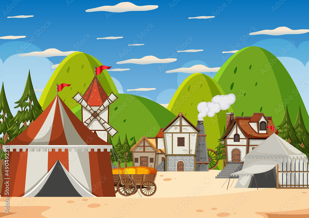 Naklejka premium Medieval army camp scene in cartoon style