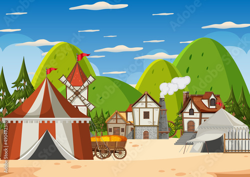 Medieval army camp scene in cartoon style