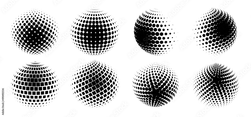 Set of halftone volumetric spheres. Collection of 3d spheres. Halftone design elements. Vector illustration.