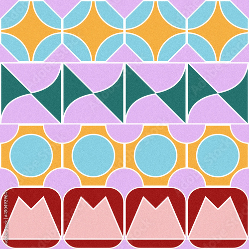 Seamless pattern with texture of abstract geometric elements in yellow, green and blue on a pink background for textile.