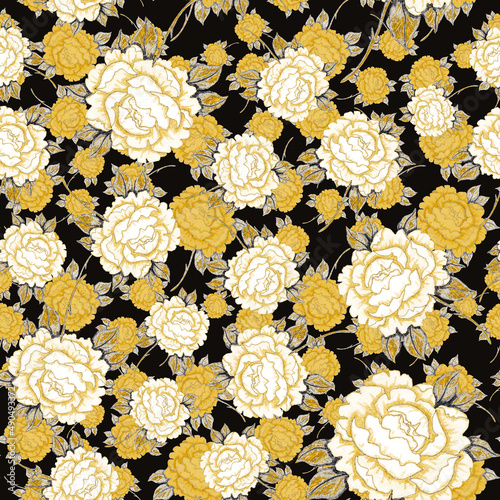 Watercolor seamless pattern with floral bouquets. Vintage botanical illustrat...
