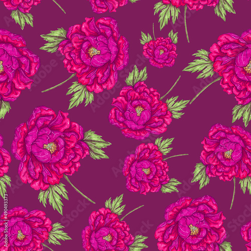 Watercolor seamless pattern with floral bouquets. Vintage botanical illustrat...