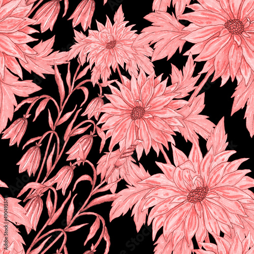 Watercolor seamless pattern with floral bouquets. Vintage botanical illustrat...