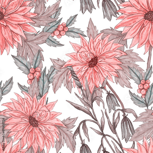 Watercolor seamless pattern with floral bouquets. Vintage botanical illustrat...
