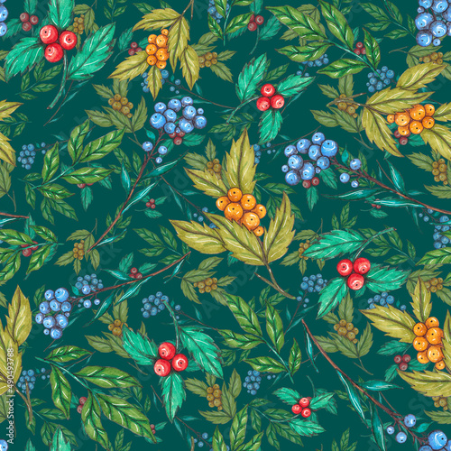 Watercolor seamless pattern with floral bouquets. Vintage botanical illustrat...