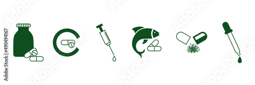 vitamin c, supplements, steroid injection, omega 3, 6, fish oil, drug, and oil dropper icon set vector illustration 