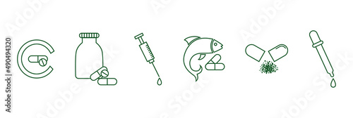 vitamin c, supplements, steroid injection, omega 3, 6, fish oil, drug, and oil dropper icon set vector illustration 